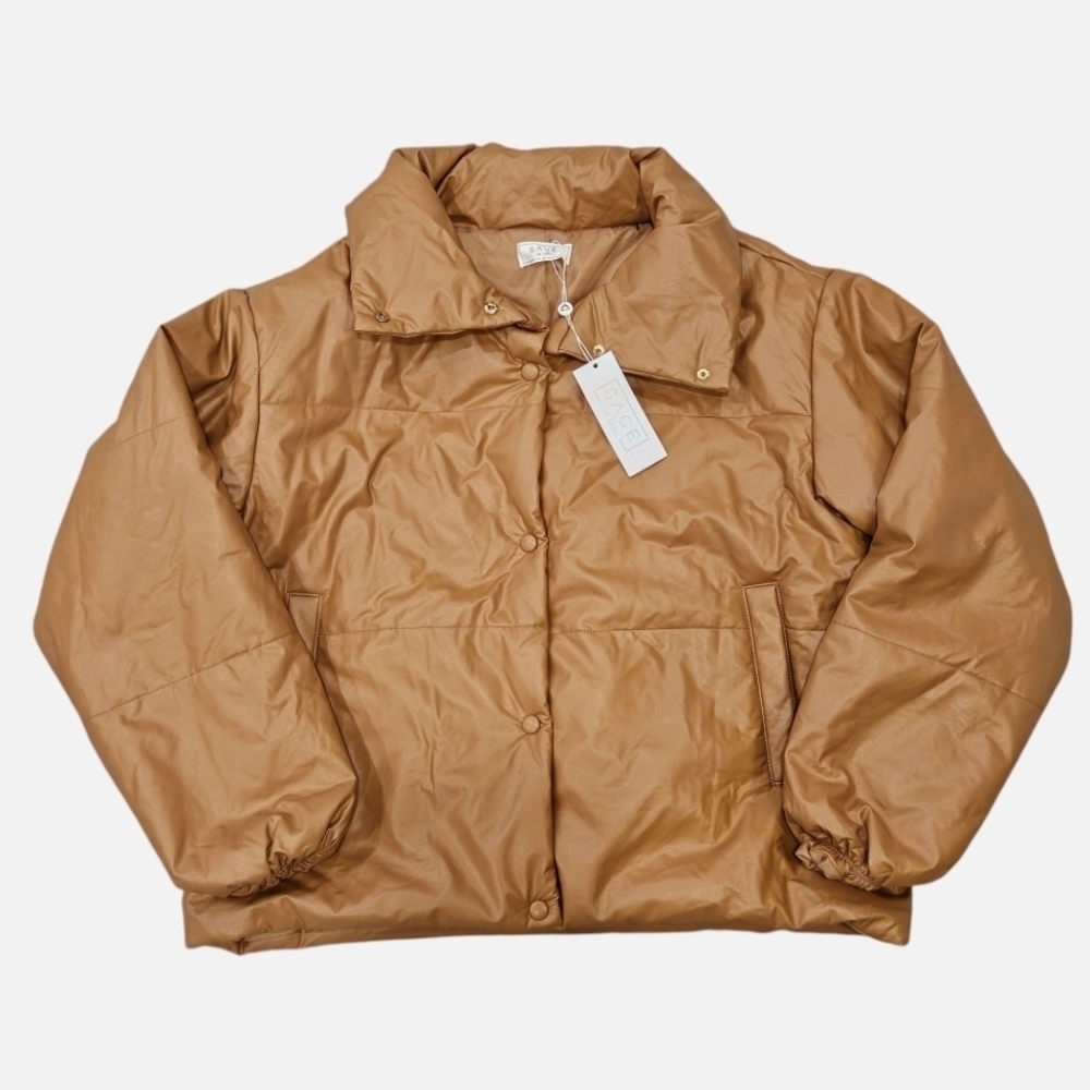 New Sage The Label Michelle Puffer Jacket Faux Leather Cognac Brown Small